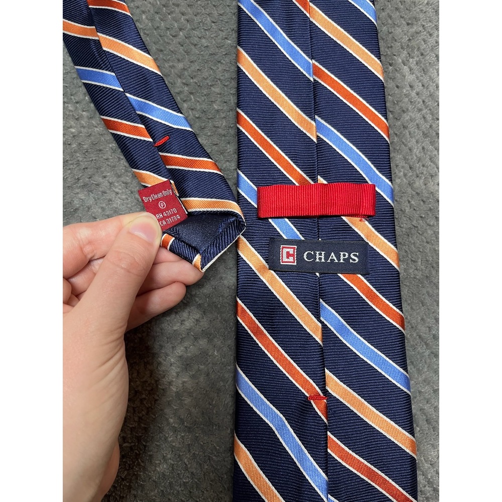Chaps Mens Silk Necktie Navy Blue Orange Light Blue Striped Formal Business Tie - Picture 5 of 6